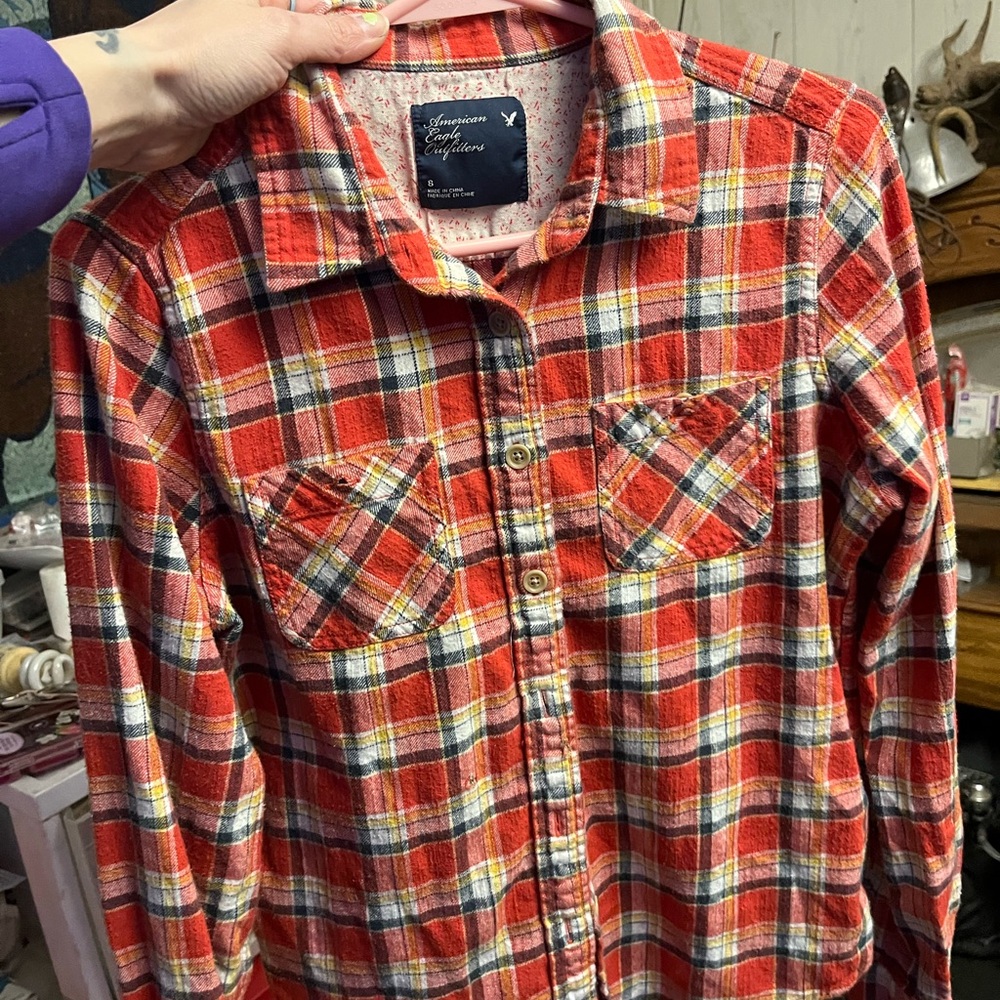 American Eagle Orange Plaid Button-Up Flannel Shirt